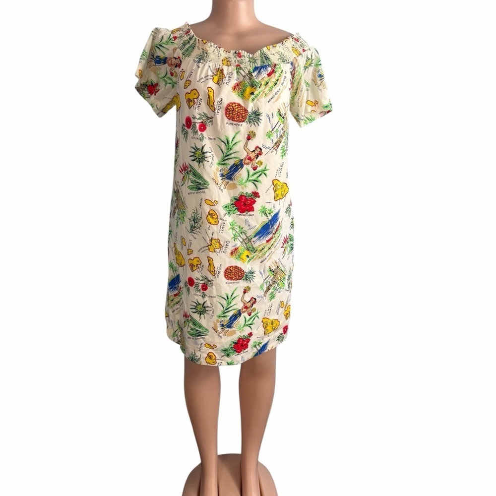 J.Crew White Smocked Hawaiian Tropical Print Off-The-Shoulder Dress